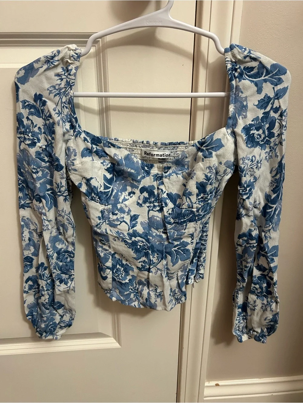Reformation Blue and White Floral Square Neck Puff Sleeve Blouse